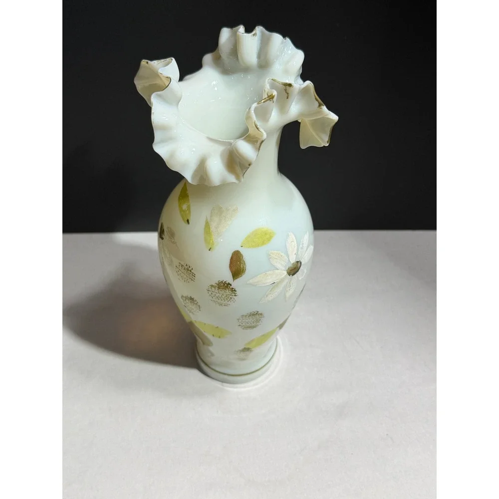 Vintage Bristol Opaque Glass Ruffled Vase Hand Painted Floral Gold Trim